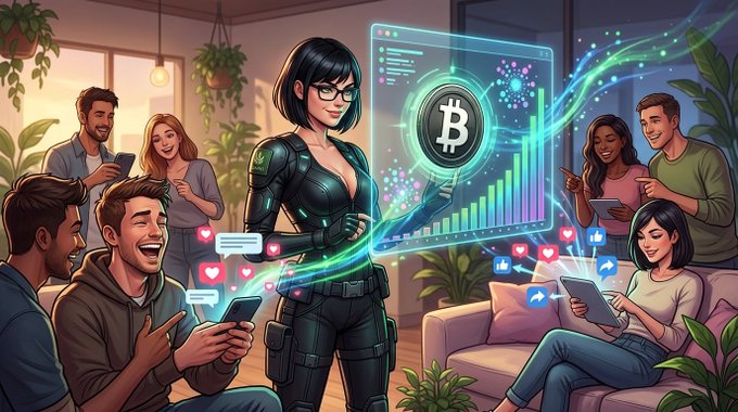 A colorful digital illustration depicting a woman in a futuristic black suit presenting a Bitcoin hologram with charts to a group of engaged people in a cozy, plant-filled lounge setting.