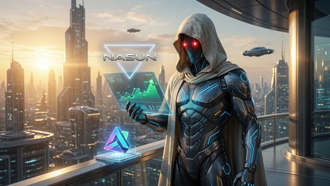 A futuristic digital illustration of a hooded cyborg with glowing red eyes looking at a holographic stock chart, with 'NASUN' branding and futuristic flying vehicles over a cityscape.