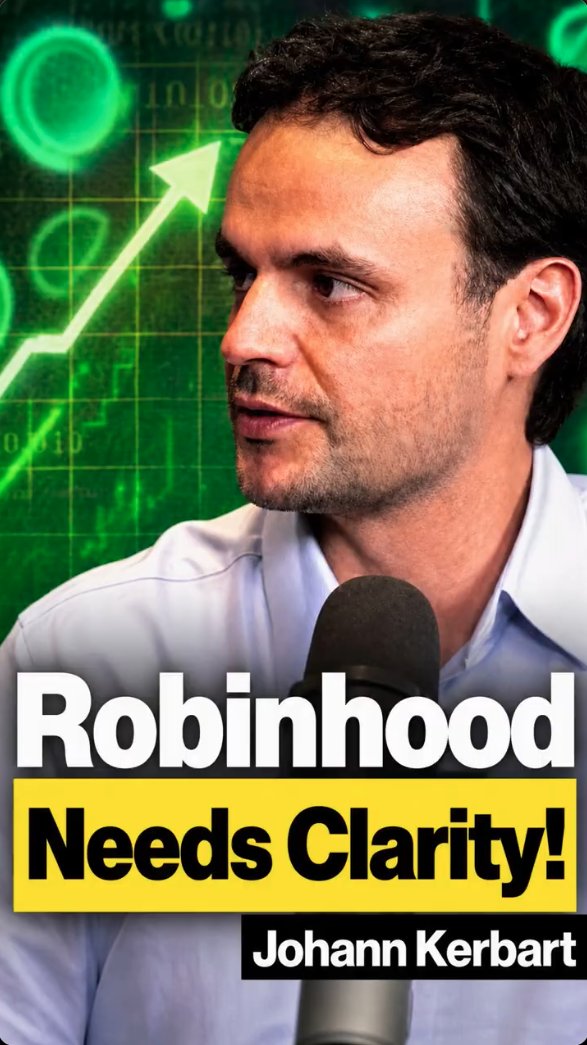 The image shows a man with dark hair and a light blue shirt speaking into a microphone, set against a green digital background featuring an upward-pointing arrow and financial data. Bold text on the image reads "Robinhood Needs Clarity!" with "Johann Kerbrat" displayed at the bottom, visually introducing the speaker featured in the accompanying post about Robinhood's advocacy for the CLARITY Act to expand crypto services in the U.S.