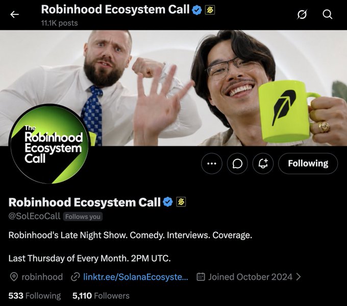 The image shows a Twitter/X profile for "Robinhood Ecosystem Call" (@SolEcoCall) with 5,110 followers, describing itself as "Robinhood's Late Night Show. Comedy. Interviews. Coverage." that airs the "Last Thursday of Every Month. 2PM UTC." The banner features two men, one holding a bright green mug with a lightning bolt logo, alongside the show's branded logo. This relates to the post's call to action by promoting the Robinhood Ecosystem show as a platform for Solana users to migrate to and engage with.
