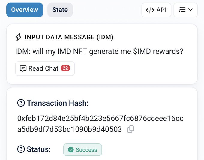 A blockchain transaction overview showing a successful Input Data Message (IDM) reading: "will my IMD NFT generate me $IMD rewards?" with 22 chat replies, along with transaction hash 0xfeb172d84e25bf4b223e5667fc6876cceee16cca5db9df7d53bd1090b9d40503. The image relates to the post by illustrating on-chain confirmation of NFT holder utility discussions tied to $IMD rewards.