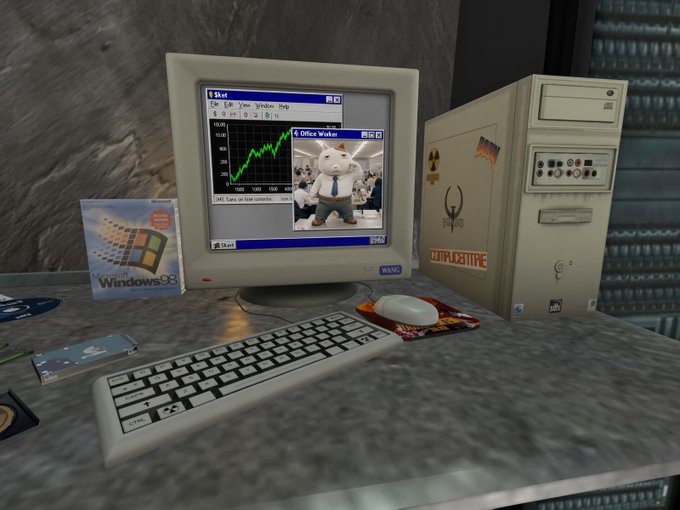 A retro 3D-rendered scene featuring a vintage beige CRT monitor, keyboard, and tower PC displaying a stock chart and 'Office Wallah' image, alongside a Microsoft Windows 95 CD box and a 'DJ Ayush 99' sticker on the tower.