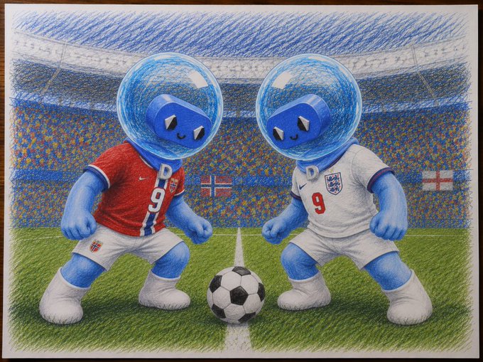 Two cartoonish blue bubble-helmeted mascots face off on a soccer pitch in a stadium — one wearing a red jersey marked "D 9" with a Norwegian flag, the other in a white "9" jersey with an English flag — echoing the post's theme of friendly competition and community-driven spirit behind the @DlicomApp project.