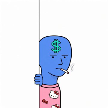 A cartoon illustration of a blue-skinned character with a dollar sign on their forehead, wearing a pink Hello Kitty shirt, smoking a cigarette, and holding onto a hanging rope.
