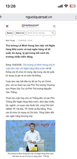 A mobile screenshot from nguoiquansat.vn showing a Vietnamese news article dated 13/8/2026 about PM Lê Minh Hưng holding an online meeting with Deputy PM Nguyễn Hòa Bình on rice export issues, featuring a photo of PM Lê Minh Hưng.