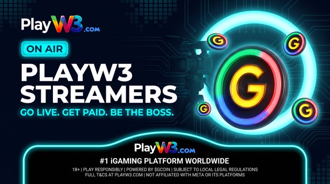 Promotional banner for PlayW3.com Streamers with the tagline 'GO LIVE. GET PAID. BE THE BOSS.' and labeled as '#1 iGAMING PLATFORM WORLDWIDE' powered by SGcoin.