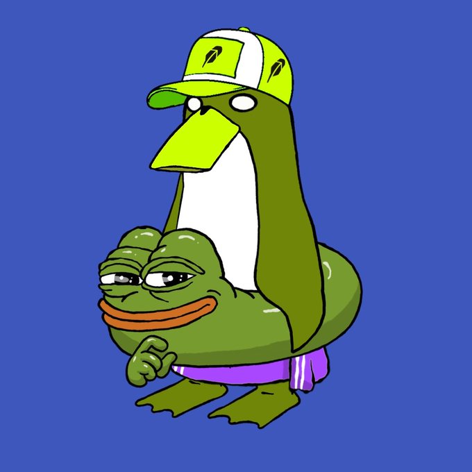 A cartoon illustration of a green duck-like character wearing a yellow and white cap, holding or merging with a smaller green Pepe the Frog character wearing purple shorts.