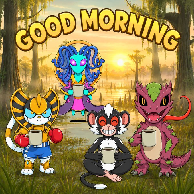 A 'Good Morning' graphic features four cartoon characters (a pharaoh-like figure, a tentacled creature, a boxer-cat, and a small monkey) holding coffee mugs against a swampy forest sunrise backdrop.