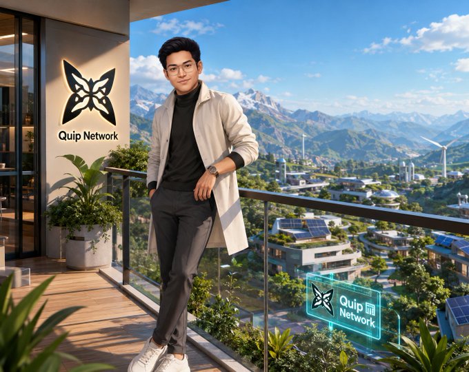 Promotional image showing an Asian man in a beige coat leaning on a balcony railing, with the 'Quip Network' logo on the wall behind him and a futuristic green cityscape with mountains in the background.