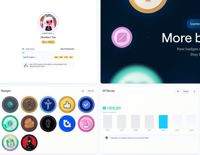 User profile dashboard showing 'Obsidian | Tier' with XP progress bar at 66,878,000/100,000,000, XP Recap of +202,911 for Week 02, and a grid of earned badges including various icons.