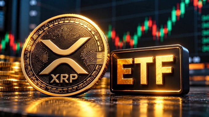 A digital rendering of a gold XRP cryptocurrency coin positioned next to an illuminated gold 'ETF' sign, set against a background displaying green and red trading chart candlesticks.
