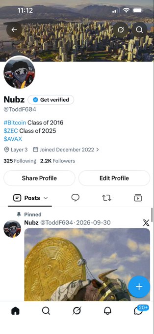 A Twitter/X profile for user 'Nubz' (@ToddF604), verified, with bio '#Bitcoin Class of 2016, $ZEC Class of 2025, $AVAX, Layer 3, Joined December 2022', showing 325 Following and 2.2K Followers.