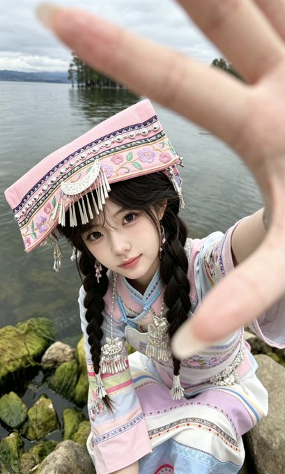 A young woman wearing an ornate pink, white, and silver traditional ethnic outfit and a matching decorative headpiece poses by a lake, holding her hand up toward the camera.