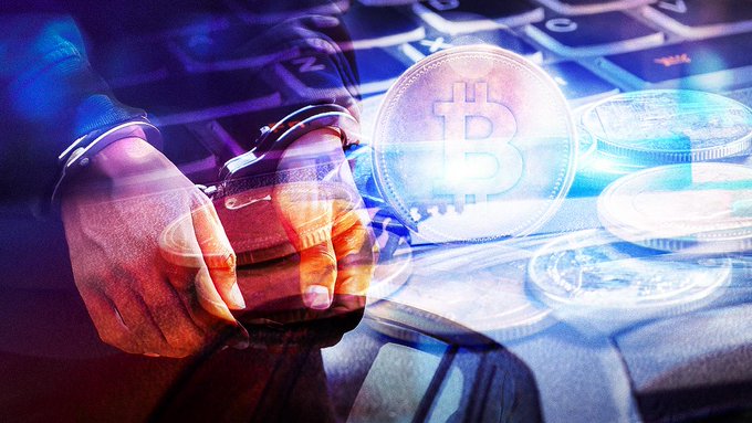 A conceptual image shows a person in handcuffs typing on a laptop keyboard, overlaid with glowing digital representations of Bitcoin and other cryptocurrency coins.