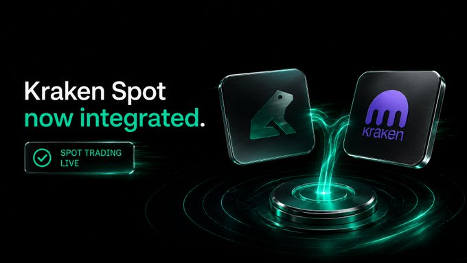 A promotional graphic with a black background featuring the text "Kraken Spot now integrated" and a "SPOT TRADING LIVE" badge, alongside the Kraken logo and an animal icon emerging from a glowing teal circular portal, visually announcing the new Kraken Spot trading integration on Insilico.