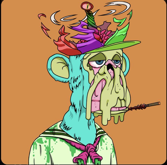 A colorful cartoon illustration of a blue-furred, ape-like creature with a melting, distorted face wearing an elaborate fruit-and-flower hat, smoking a cigarette against an orange background.
