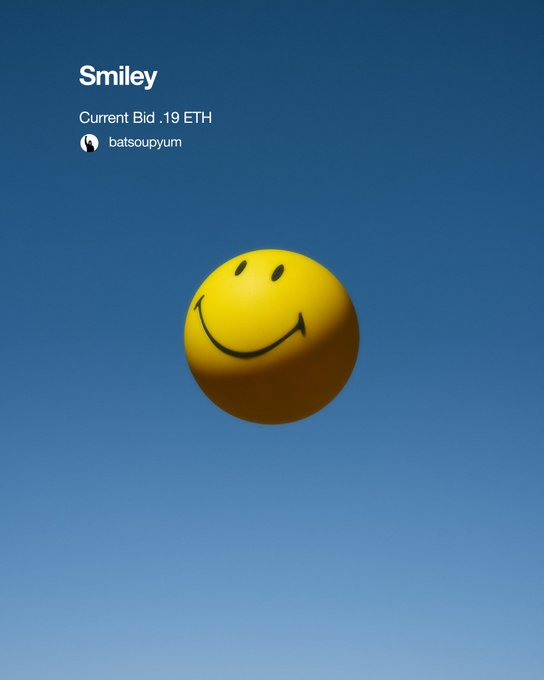 A digital auction screen for an item called 'Smiley' with a current bid of .19 ETH by user 'batsoupyum', showing a 3D rendering of a yellow smiley face ball.
