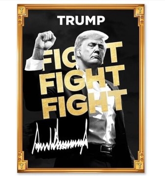 A poster featuring Donald Trump with a raised fist and the text 'TRUMP FIGHT FIGHT FIGHT' in gold lettering on a black background, framed by an ornate gold border.
