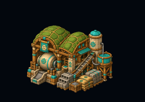 An isometric game-style illustration of an industrial building with green dome roofs, pipes, and wooden supports on a black background.