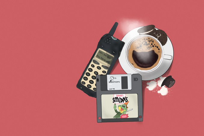 In this image, a collection of vintage cell phones, including an outdated flip phone with a corded design, sits next to a coffee cup filled with latte art. These elements are set against a red background, creating an interesting contrast between the old-fashioned technology and modern coffee culture. A caption provided below the image reads: "gm, and happy weekend friendos! one huge issue with NFT listing prices ist that i listed my artwork ꜩ 관련의 회전장고사실 마습니다. digital painting objkt.com/tokens/KT1LEQA".
