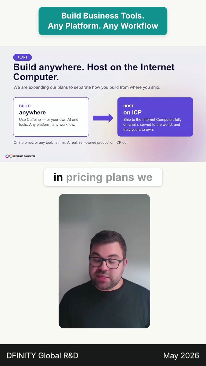 The image shows a man wearing glasses looking at his phone screen with an email from a company named Build Business Tools. The email contains information about a new pricing tool that allows users to host their own computer, ship it to any location on the internet, and use it for building applications or websites. The post also mentions a collaboration platform called Infinity Global R&D, which is scheduled to launch in May 2026.