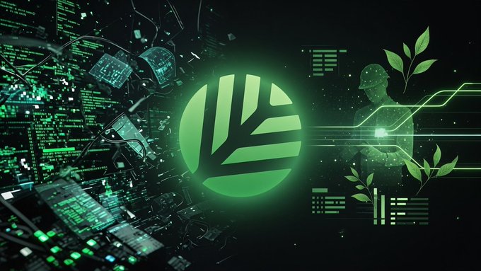 Digital artwork featuring a glowing green circular logo with leaf-like elements, set against a dark tech-themed background with circuit board patterns.