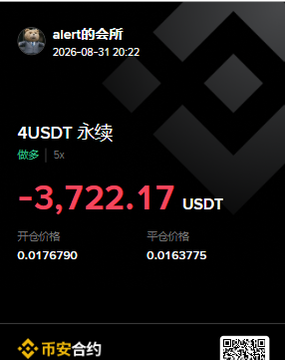 The image shows a Binance Futures liquidation alert displaying a 4USDT perpetual position that resulted in a -3,722.17 USDT loss with 5x leverage, opening at 0.0176790 and closing at 0.0163775 on 2026-08-31. This serves as a cautionary example of the high-risk nature of trading meme coins with leverage, illustrating the volatility and potential for significant losses that the post warns about.