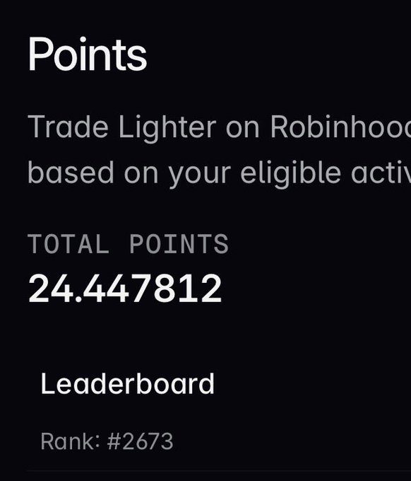 A mobile app interface showing "Points" from Robinhood with a total of 24.447812 points and a leaderboard rank of #2673, with text mentioning "Trade Lighter on Robinhood based on your eligible activity."