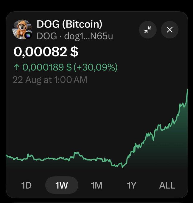 A financial chart showing 'DOG (Bitcoin)' with the ticker 'DOG · dog1...N65u', displaying a price of '0,00082 $' and a green upward trend of '+30,09%' over a 1-week period.