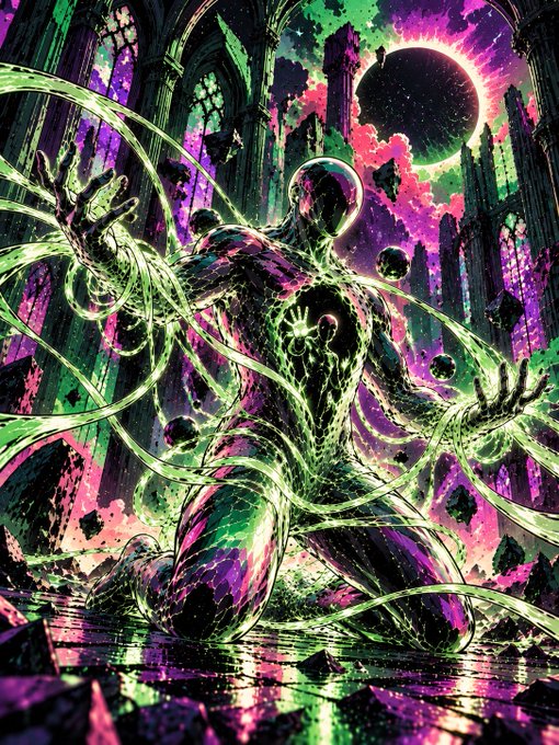 Stylized colorful digital illustration of a muscular figure with green energy ribbons in a gothic setting under a solar eclipse.