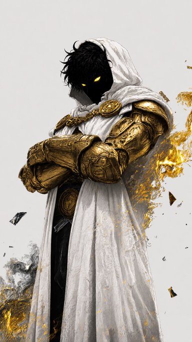 A shadowy figure draped in a white hooded cloak and ornate golden armor stands with arms folded, glowing yellow eyes peering from the darkness—matching the post's confident "good day" vibe with its imposing, victorious presence amid embers and ash.