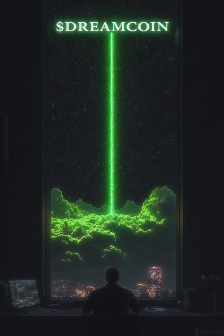 Digital art showing a person at a desk looking out a large window at a night cityscape, where a green laser beam shoots from the clouds up to the text '$DREAMCOIN'.