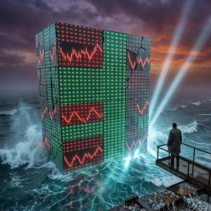 A surreal digital artwork depicting a massive glowing block of stock market tickers and charts rising from a stormy ocean, with a man in a suit observing it from a pier under dramatic searchlights.
