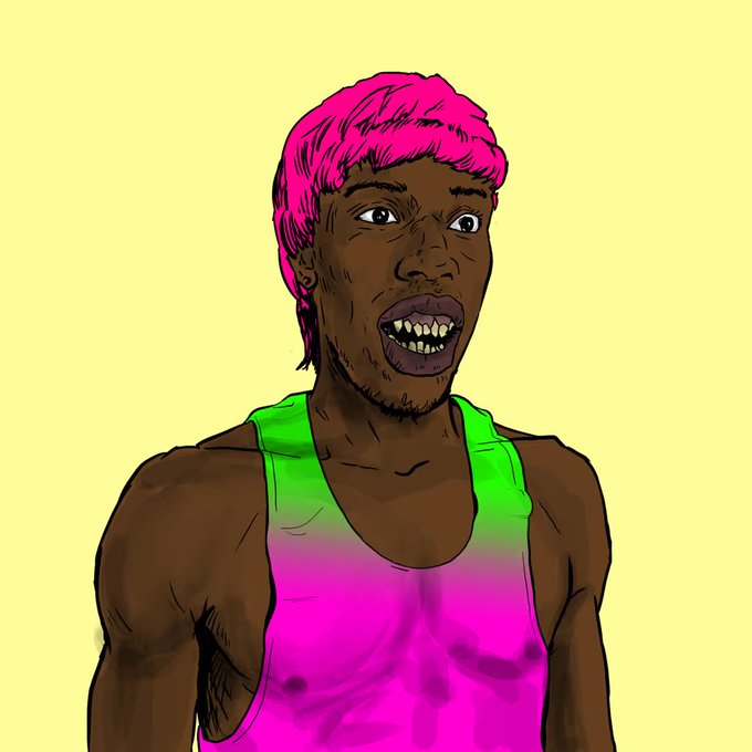 A digital illustration depicts a muscular figure with dark skin, bright pink hair, and a gradient neon green and pink tank top, shown with an exaggerated open-mouthed expression against a yellow background.