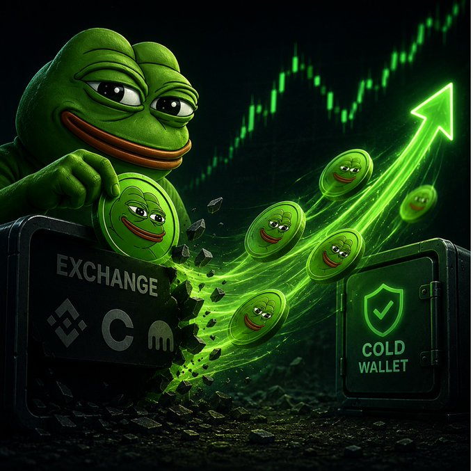 A meme-style digital artwork featuring a Pepe the Frog character holding a green coin, with coins flying from an 'EXCHANGE' box into a 'COLD WALLET' safe against a green candlestick chart background.