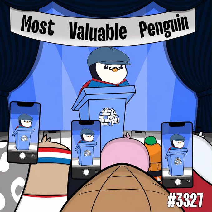 A cartoon illustration titled 'Most Valuable Penguin' (#3327) showing a penguin in a blue cap and cape speaking at a podium with an ice disco ball logo, as other characters record on phones.