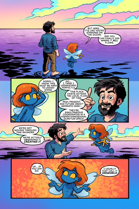 A comic strip panel shows two characters, one human and one fairy-like, standing in water discussing quantum physics and the flow of the local flow, with dialogue including 'I USUALLY JUST CALL IT VEEWORLD.'