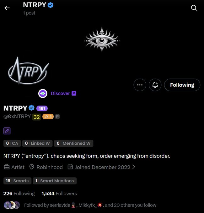 The image shows a Twitter/X profile page for the verified account "NTRPY" (@0xNTRPY), which features an all-seeing eye logo and describes itself as an artist on Robinhood with the tagline "entropy, chaos seeking form, order emerging from disorder." The profile, which has 1,534 followers and joined December 2022, aligns with the accompanying post highlighting NTRPY as an "Early Alpha" project with a Moni Score of 155 and a free mint on Robinhood to watch before the crowd discovers it.