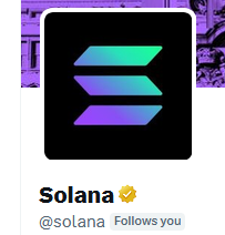 A profile page displays the Solana logo, a teal and purple gradient design, with the name "Solana" and the handle "@solana" shown below.