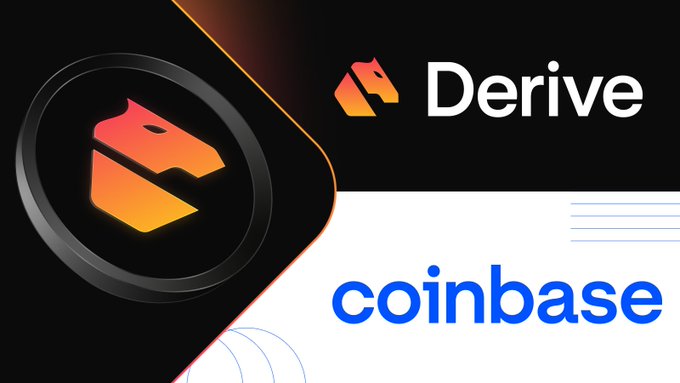 The image features a logo for a cryptocurrency called "derive" that is now available on the Coinbase platform. The coinbase logo is displayed alongside the text "Coinbase", indicating that the platform supports the coinbase exchange. Additionally, there are two coins listed in the image - one labeled "DRV-USD" and another named "@CoinbaseMarkets Exchange". These coins can be purchased or sold on the Coinbase app, subject to the platform's requirements and supported regions.