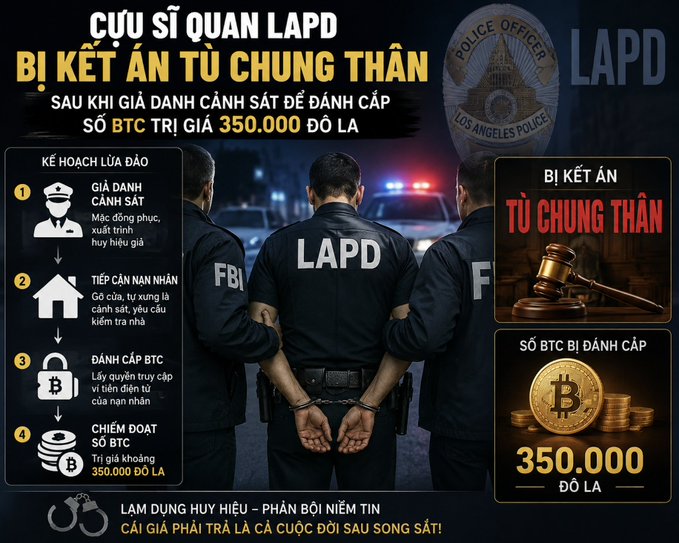 An infographic in Vietnamese about an ex-LAPD officer sentenced to life in prison ('CỰU SĨ QUAN LAPD BỊ KẾT ÁN TÙ CHUNG THÂN') for impersonating police to steal $350,000 worth of Bitcoin, detailing the fraud scheme ('KẾ HOẠCH LỪA ĐẢO').