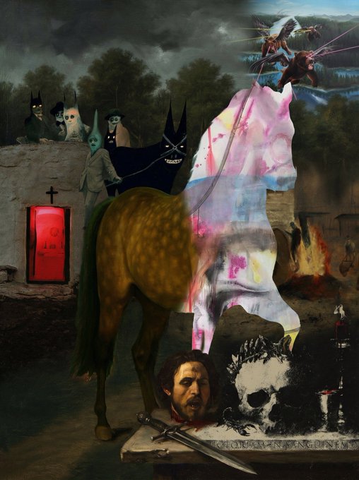 A surreal, dark fantasy artwork combining various figures including bat-winged creatures, ghostly figures, a severed head, and a skull, overlaid with colorful paint splatters and the text 'I CAME IN HANG DRINK ME'.