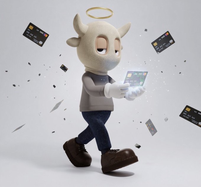 A 3D-rendered cartoon character resembling a lamb with a golden halo on its head walks while holding a glowing credit card, surrounded by floating credit cards and confetti.