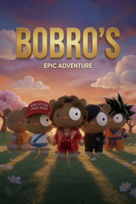 A movie poster titled 'BOBRO'S EPIC ADVENTURE' featuring five cartoon bear characters, one wearing a 'MAKE BITCOIN GREAT AGAIN' hat, in a vibrant landscape.