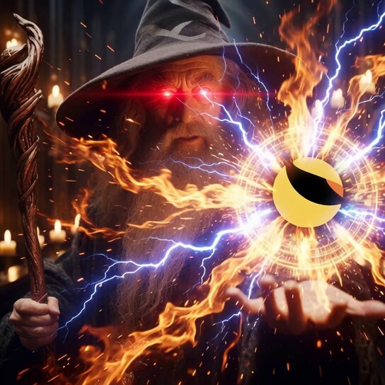 The image features a man dressed as a wizard, wearing a hat with a hood and holding a wand. He has red eyes and is surrounded by flames that are shooting out of his mouth. The background includes a dark sky filled with lightning bolts, creating an intense atmosphere. The caption to the image reads "Good morning $LUNC ARMY".
