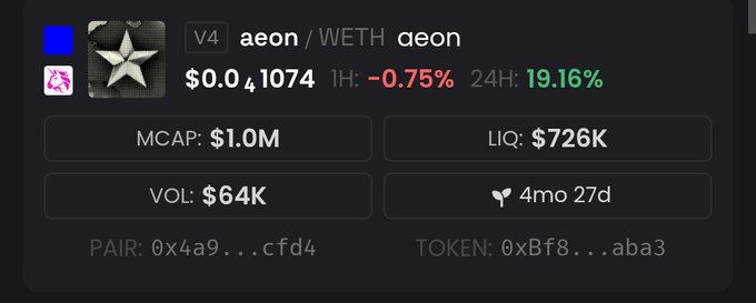 The image shows a trading pair display for $AEON/WETH on V4, showing a market cap of $1.0M, liquidity of $726K, and volume of $64K, with the token experiencing a -0.75% change over 1 hour and 19.16% over 24 hours. This data supports the post's observation about AEON's liquidity-to-market-cap ratio, showing roughly 720K liquidity against a $1M market cap (approximately a 1:1.4 ratio rather than the lower ratios seen elsewhere).