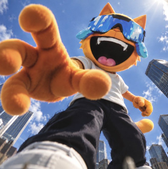A 3D-rendered anthropomorphic orange cat character wearing blue ski goggles, a white t-shirt, and black pants, reaching out toward the camera against a backdrop of skyscrapers and a blue sky.