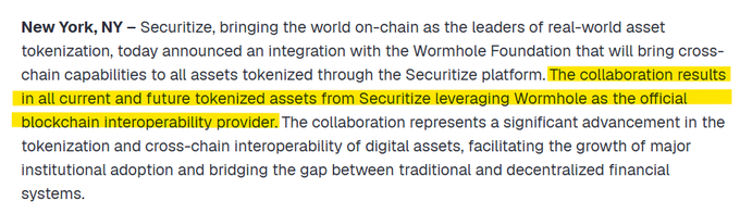 A text excerpt from a press release about Securize announcing an integration with the Wormhole Foundation, with the highlighted portion reading: 'in all current and future tokenized assets from Securize leveraging Wormhole as the official blockchain interoperability provider.'