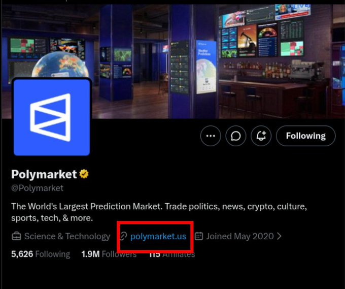 A Twitter/X profile for 'Polymarket' displays their handle '@Polymarket', with their website 'polymarket.us' highlighted by a red box, along with the bio 'The World's Largest Prediction Market.'