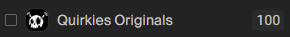 A dark interface element displays 'Quirkies Originals' with a skull icon and the number '100' on the right.
